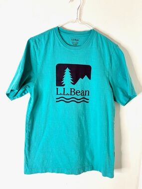 L.L. Bean Aqua Crew Neck Tee Navy Mountain Tree Logo Slightly Fitted Cotton